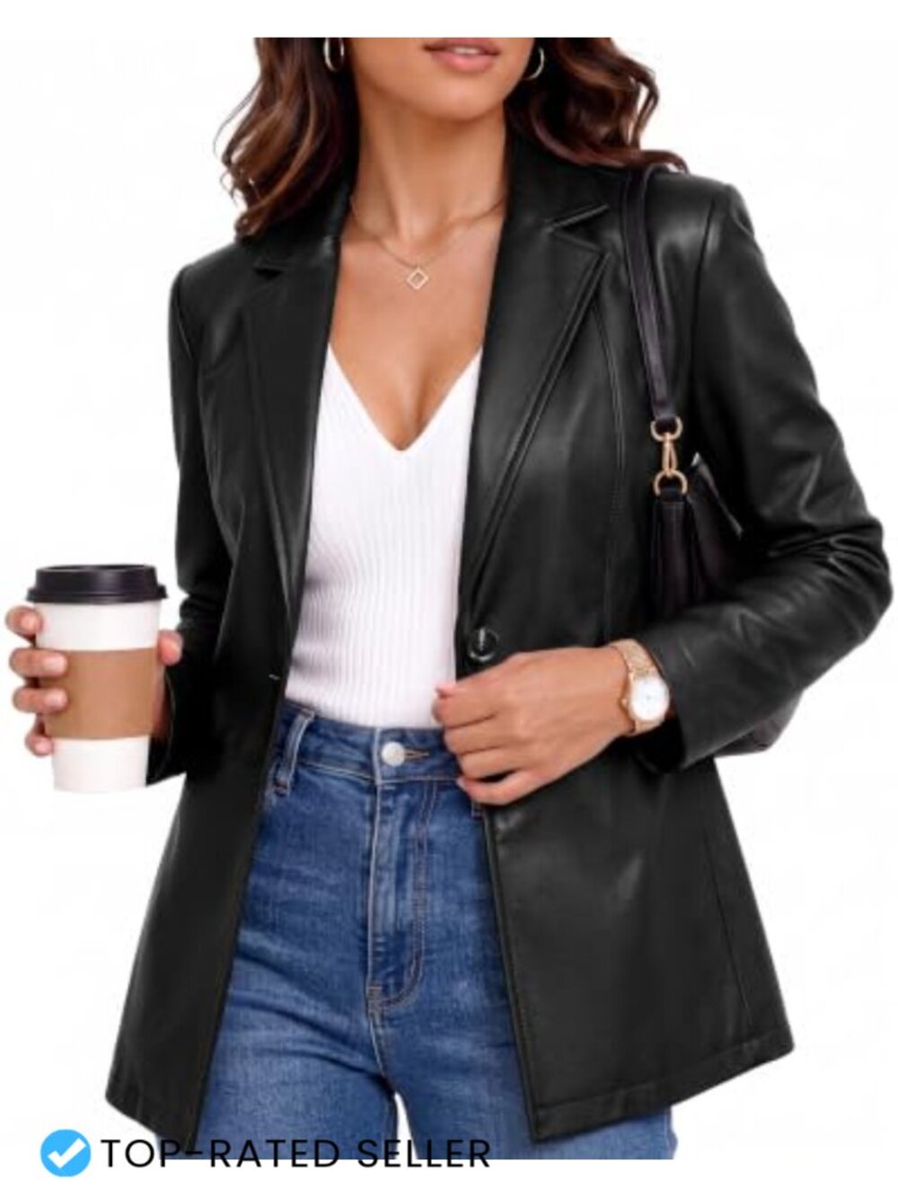 Faux Leather Blazer Jacket Lightly Fitted Button Work Office Layer